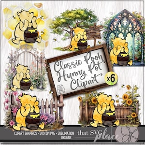 Winnie de Poeh sublimatie print aquarel clipart PNG bundel, Pooh Bear sublimatie PNG baby shower clipart print en cut-bestanden