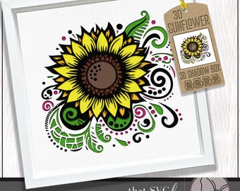 3Dひまわり畑のシャドウボックスSVG、夏のペーパーカットアート