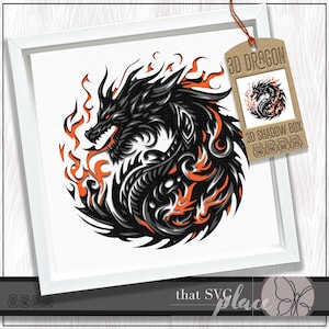 May include: A black and orange 3D dragon design with flames. The dragon is curled up in a circle with its head facing forward. The design is labeled "3D Dragon 3D Shadow Box".