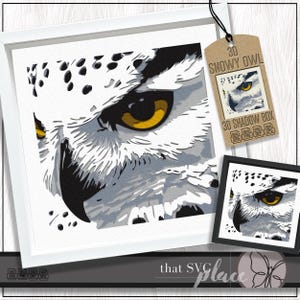 May include: A framed 3D paper art piece depicting a close-up of a snowy owl's face with yellow eyes and a black beak. The artwork is mainly white and grey, with black details. A tag reads "3D Snowy Owl 3D Shadow Box."