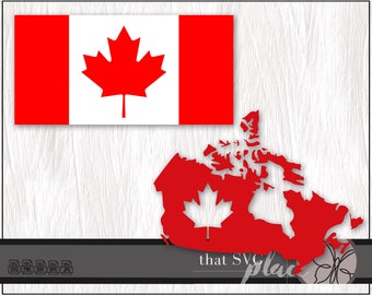 Puede incluir: Bandera canadiense roja y blanca con una hoja de arce en el centro. Un contorno rojo de Canadá con una hoja de arce en el centro. El texto "that SVG place" está en la parte inferior de la imagen.