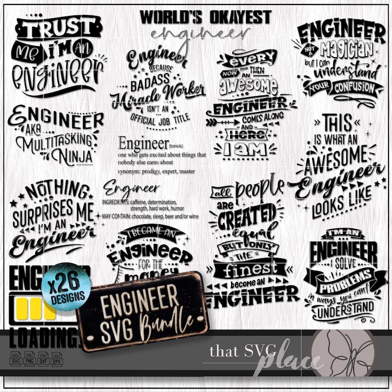 Op de afbeelding: Een zwart-wit digitaal downloadpakket met 26 SVG-ontwerpen met humoristische uitspraken over ingenieurs. De ontwerpen bevatten zinnen als "Vertrouw me, ik ben een ingenieur", "Ingenieur, ook bekend als multitaskende ninja", "Niets verrast me, ik ben een ingenieur", "De coolste ingenieur ter wereld", "Ingenieur omdat badass wonderwerker", "Elke dag een geweldige ingenieur", "De ingenieur komt en hier ben ik", "Alle mensen zijn gelijk geschapen, maar alleen de besten worden ingenieurs", "Ingenieur, geen tovenaar, maar ik kan je verwarring begrijpen", "Zo ziet een geweldige ingenieur eruit", "Ik ben een ingenieur, ik los problemen op op een manier die je niet kunt begrijpen".