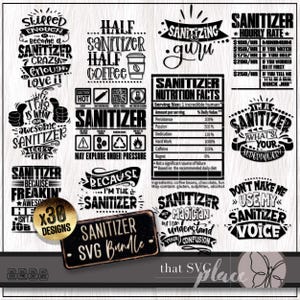 Könnte beinhalten: Ein Set mit 30 schwarz-weißen digitalen Designs mit verschiedenen humorvollen Sprüchen über Händedesinfektionsmittel. Die Designs beinhalten Sätze wie "Händedesinfektionsmittel, weil ich der... bin" und "Lass mich nicht meine Händedesinfektionsmittel-Stimme benutzen".