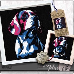 May include: A framed art print of a beagle dog with a stylized design in pink, blue, and white against a black background. The image includes a tag that says "3D BEAGLE" and "3D SHADOW BOX". A smaller framed print has the name "BRIAN".