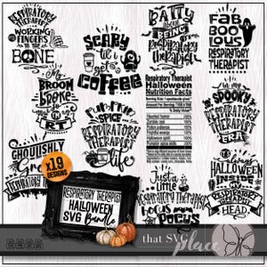 Peut inclure: Un lot de 19 designs SVG numériques en noir et blanc sur le thème d'Halloween pour les thérapeutes respiratoires. Les designs présentent des jeux de mots et des expressions effrayants comme "Scary til I get so Coffee", "Batty about being a Respiratory Therapist", "My Broom Broke so now I'm an RT", "Fun with Spice... Respiratory Therapist Life", "Fab Boo-lous Respiratory Therapist", "In my Spooky Respiratory Therapist Era", "It's Always Halloween Inside a Respiratory Therapist Head", et "Just a Little Respiratory Therapist Hocus Pocus".