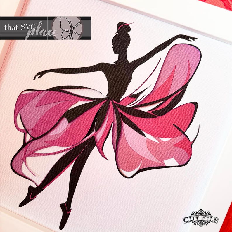 May include: A black silhouette of a ballerina with a pink and white layered tutu, dancing in mid-air. The background is white.