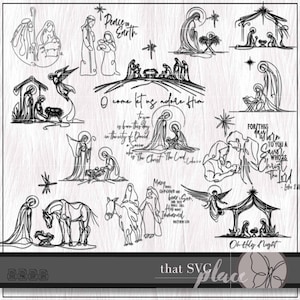 Kerststal SVG-bundel, Baby Jezus SVG PNG Clipart lijntekeningen, kerststal Svg Png, engel Svg, Maagd Maria Svg, silhouet Cricut Cut-bestand