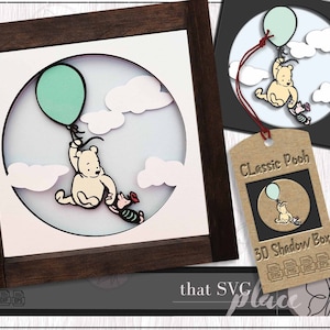 Klassieke Winnie de Poeh Knorretje SVG, klassieke Poeh en Knorretje vliegen met een ballon, papier gesneden lichtbak, 3D-schaduwdoos Cricut snijbestand