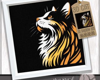 3D-katt SVG #5, lagerförd skuggboxmall, pappersskuren ljuslåda, husdjursminnesmärke, kattungeskuggbox SVG, Cricut-klippfil