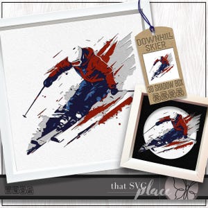 May include: A framed print and a 3D shadow box featuring a downhill skier in red, white, and blue. The skier is depicted in motion, with a dynamic, abstract background. A tag reads "Downhill Skier".