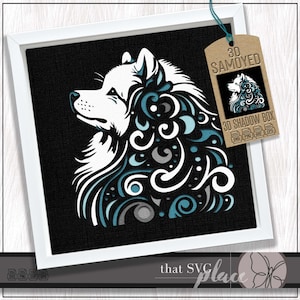Può includere: Un design di cane Samoiedo in bianco e nero incorniciato con accenti verde acqua e grigio. L'opera d'arte è in una cornice bianca e include un'etichetta che dice "3D Samoyedo 3D Shadow Box". Il testo "that SVG place" è in basso.