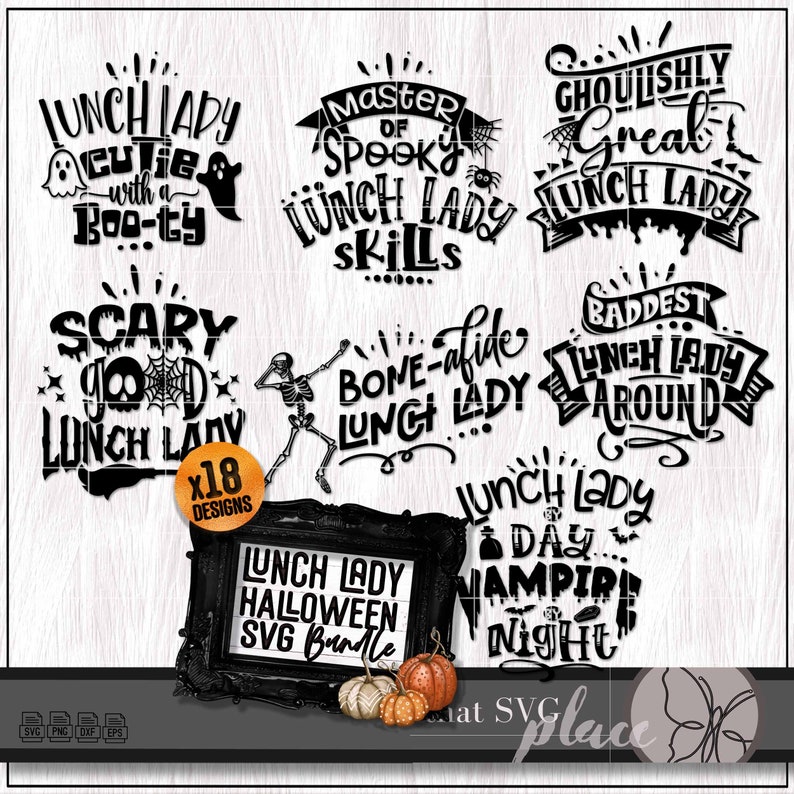 K&ouml;nnte beinhalten: Ein Set mit 18 Halloween-SVG-Designs mit verschiedenen gruseligen und lustigen Wortspielen &uuml;ber die Kantinen-Damen. Die Designs beinhalten S&auml;tze wie "Lunch Lady Cutie with a Boo-ty", "Master of Spooky Lunch Lady Skills", "Ghoulishly Great Lunch Lady", "Scary Good Lunch Lady", "Bone-afide Lunch Lady", "Baddest Lunch Lady Around" und "Lunch Lady Day...Vampire Night".