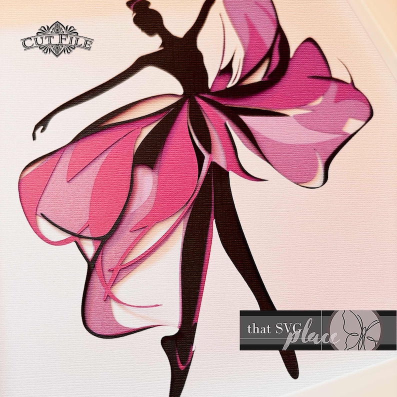 May include: A pink and white layered paper cut design of a ballerina with a flowing skirt. The design is intricate and detailed, with a delicate silhouette of the ballerina. The background is a light pink.