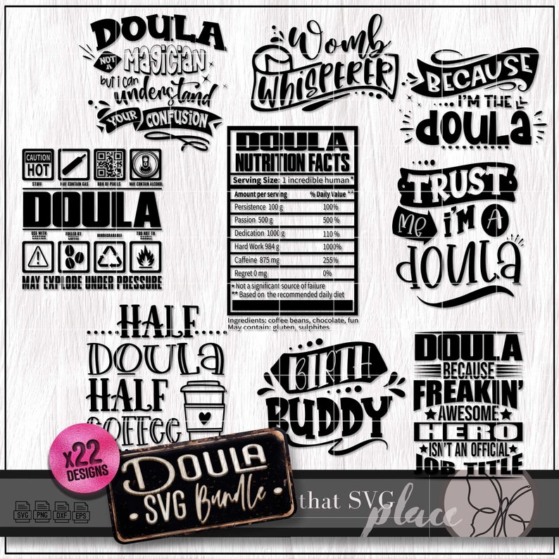 Pu&ograve; includere: Un set di 22 design SVG in bianco e nero per una doula. I design includono frasi come "Womb Whisperer", "Trust Me I'm a Doula", "Doula Because I'm the Doula", "Half Doula Half Coffee" e "Birth Buddy".