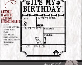 May include: Black and white printable birthday card for a dog. It says "It's My Birthday!" and has spaces to fill in information about the dog, such as breed, favorite activity, and age.