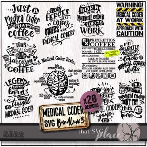 Peut inclure: Un ensemble de 20 designs SVG en noir et blanc avec des citations humoristiques sur les codeurs médicaux. Les designs incluent des phrases comme "Just a Medical Coder who loves coffee", "Legends aren't born they're trained Medical Coders", et "Born to be a Medical Coder, Forced to Work".