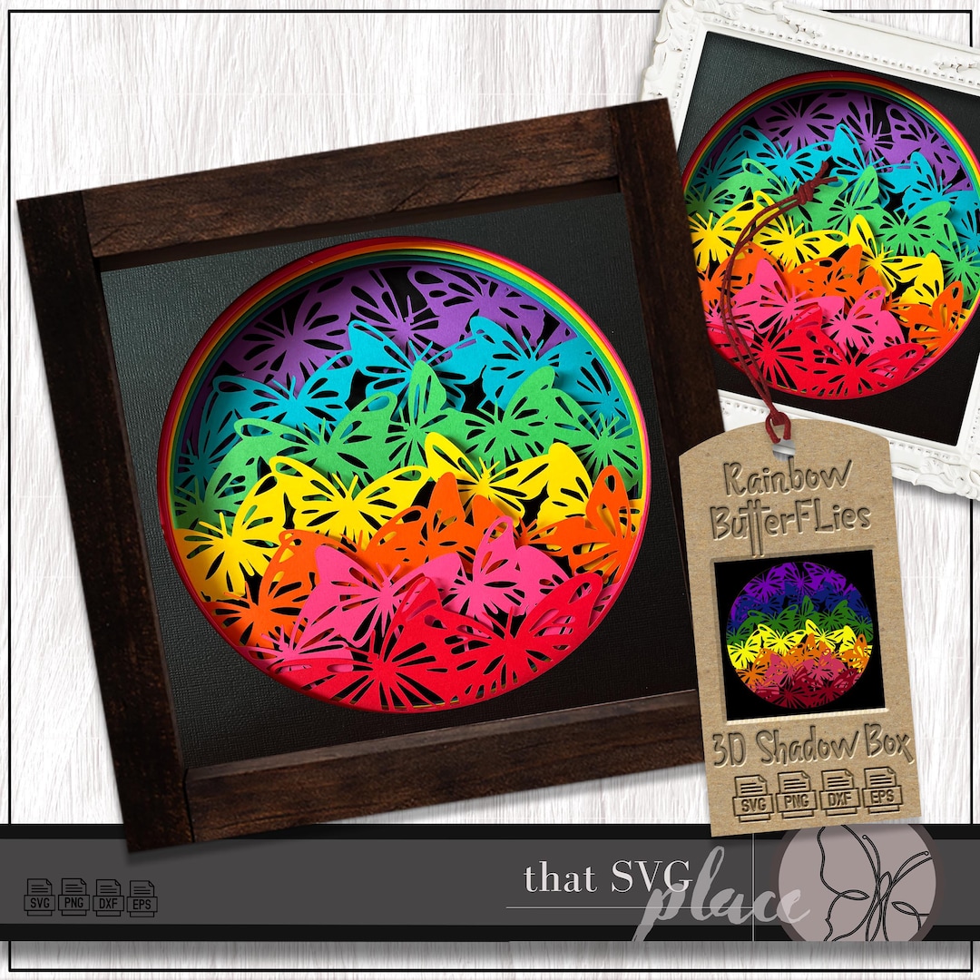3D Butterfly SVG, Shadow Box SVG, Rainbow Butterflies Light Box SVG ...
