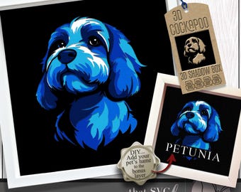 Puede incluir: Una ilustración digital de un perro cockapoo azul con el texto "DIY... Add your pet's name to the bonus layer" y "that SVG place" debajo de la imagen. La imagen está en un marco blanco con una etiqueta marrón que dice "3D COCKAPOO" y "3D SHADOW BOX".