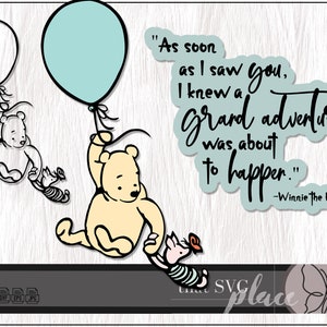 Klassieke Winnie de Poeh Knorretje SVG, EPS, PNG, klassieke Poeh & Knorretje vliegen met een ballon silhouet Cricut snijbestand, digitale download