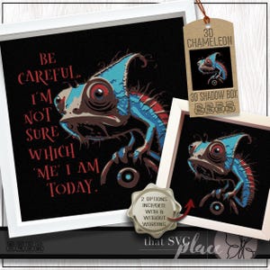 Pode incluir: Uma impressão emoldurada com um camaleão estilizado em azul, vermelho e castanho sobre um fundo preto. O texto diz: «TENHA CUIDADO. NÃO TENHO CERTEZA DE QUAL EU SOU HOJE». Uma etiqueta diz «3D CHAMELEON 3D SHADOW BOX».
