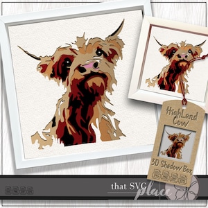 Highland Kuh SVG, 3D Schattenbox SVG, Papierschnitt Licht Box Vorlage, süße Kuh SVG, Layered Art Print, Cricut Cut File