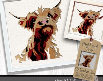 Highland Cow SVG, 3D Shadow Box SVG, Paper Cut Light Box Template,  Cute Cow SVG, Layered Art Print, Cricut Cut File