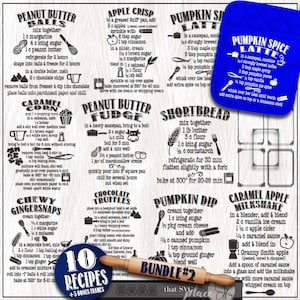 May include: A printable sheet of 10 recipes for various desserts, including peanut butter balls, caramel corn, peanut butter fudge, shortbread, chewy gingersnaps, chocolate truffles, pumpkin dip, caramel apple milkshake, apple crisp, and pumpkin spice latte. The recipes are written in a vintage style font and are accompanied by illustrations of the finished desserts.