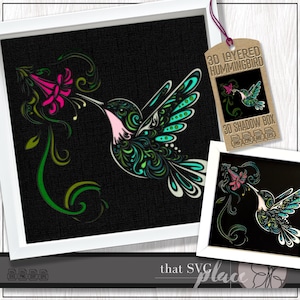 Colibri 3D SVG #2, modèle Shadowbox en couches, caisson lumineux en papier découpé, Shadow Box SVG, SVG oiseau, fichier de coupe Cricut