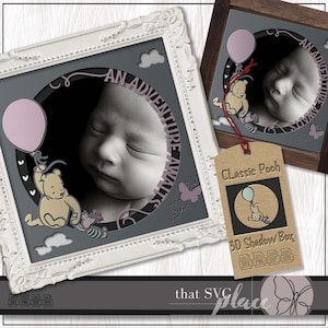 Klassieke Winnie de Poeh SVG, afbeeldingslijst SVG, klassieke Pooh SVG, fotolijst Svg, sjabloon schaduwdoos, Poeh en Knorretje vliegen met een ballon