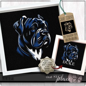 May include: Black and white digital illustration of a Cane Corso dog's head. The image is for a 3D shadow box craft project. The text "CANE CORSO" and "3D SHADOW BOX" are included in the image. The text "DIY... Add your pet's name to the bonus layer" is also included in the image.