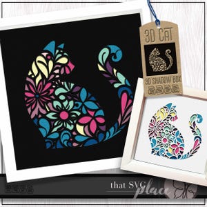 Chat 3D SVG, modèle Shadowbox multicouche, caisson lumineux en papier découpé, floral Kitty SVG, SVG Shadow Box, fichier de coupe Cricut