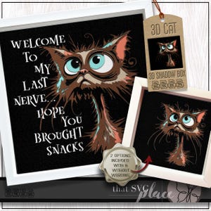 Chat 3D SVG, modèle Shadowbox en couches, caisson lumineux en papier découpé, citation drôle, chaton Shadow Box SVG, fichier de coupe Cricut