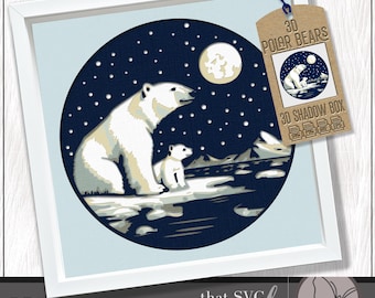 3D Polar Bear SVG, Layered Shadowbox Template, Paper Cut Light Box, Mom and Baby Bear SVG, Shadow Box SVG, Cricut Cutting File