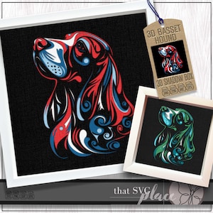 3D Basset Hound SVG #2, Layered Shadowbox Template, Paper Cut Light Box, Pet Memorial, Dog Shadow Box SVG, Cricut Cutting File