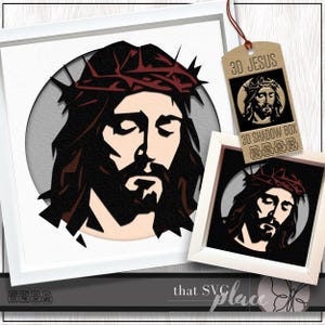 Jésus 3D SVG, modèle 3D de Pâques en couches Shadowbox, caisson lumineux en papier découpé, visage de Jésus SVG, Shadow Box SVG, fichier de coupe Cricut