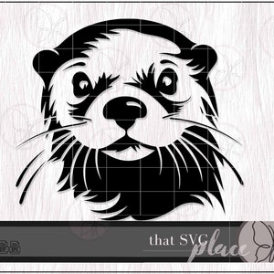 May include: A black and white illustration of an otter's face. The otter has large eyes, a prominent nose, and long whiskers. The image is a digital design, with the text "that SVG place" at the bottom.