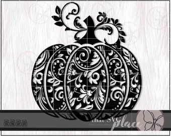 May include: Black and white pumpkin design with intricate floral patterns. The pumpkin features a detailed, ornamental design, perfect for fall-themed crafts and decorations. The stem is adorned with decorative leaves and swirls.