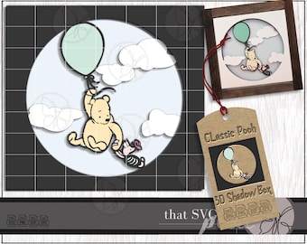 Winnie-the-Pooh, Classic Pooh & Piglet Flying With A Balloon, Paper Cut Light Box, 3D Layered Shadowbox Cricut Cutting File