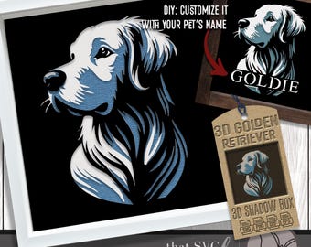 Puede incluir: Una descarga digital de un diseño de caja de sombra 3D con un perro golden retriever. El diseño es personalizable con el nombre de tu mascota. La imagen muestra una ilustración en blanco y negro de un golden retriever con el texto "GOLDIE" y "3D GOLDEN RETRIEVER" en el diseño.