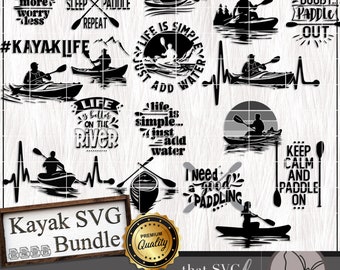 May include: A set of 14 black and white SVG cut files featuring kayaking and paddling quotes. The quotes include "Life is better on the river", "Life is simple, just add water", "Paddle more, worry less", "Keep calm and paddle on", and more. The files are perfect for creating custom t-shirts, mugs, signs, and other crafts.