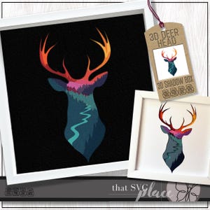 May include: A digital download of a 3D deer head shadow box design. The deer head is made up of a colorful landscape with a winding river. The design is available in SVG, PNG, DXF, and EPS formats.  The text on the image reads "3D Deer Head 3D Shadow Box".
