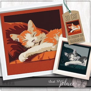 3D Cat SVG, gelaagde Shadowbox-sjabloon, papier gesneden lichtbak, huisdier Memorial, Kitten Shadow Box SVG, Ginger Cat Svg, Cricut Cutting-bestand