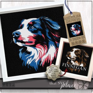 May include: A digital illustration of an Australian Shepherd dog with blue, white, and red colors. The image is framed and includes the text "Australian Shepherd" and "3D Shadow Box".