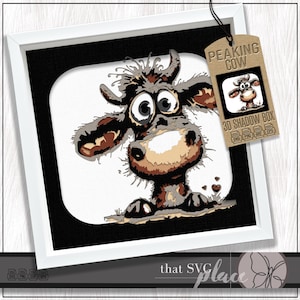 May include: A framed 3D shadow box art piece featuring a cartoon cow with large eyes and a friendly expression. The cow is brown, tan, and gray, set against a white background with a black border. The tag reads "Peaking Cow".