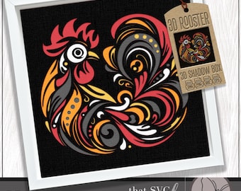 Rooster SVG, 3D Layered Shadowbox Template, Paper Cut Light Box, Pet Memorial, Chicken Shadow Box SVG, Cricut Cutting File
