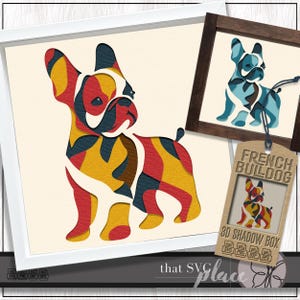 Bouledogue français SVG, 3D Shadow Box SVG, modèle de caisson lumineux en papier découpé, chien mignon SVG, impression d'art en couches, fichier de coupe Cricut