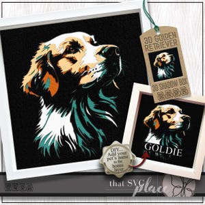 Golden Retriever 3D SVG #2, modèle Shadowbox en couches, caisson lumineux en papier découpé, monument commémoratif pour animaux de compagnie, chien Shadow Box SVG, fichier de coupe Cricut