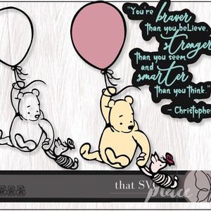 Klassieke Winnie de Poeh Knorretje SVG, EPS, PNG, klassieke Poeh & Knorretje vliegen met een ballon silhouet Cricut snijbestand, digitale download