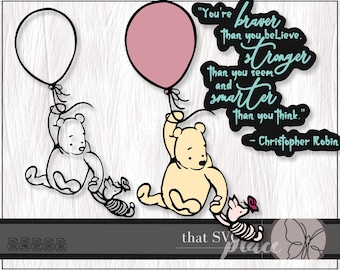 Classic Winnie The Pooh Piglet SVG, EPS, PNG, Classic Pooh & Piglet Flying With A Balloon Silhouette Cricut Cutting File, Digital Download