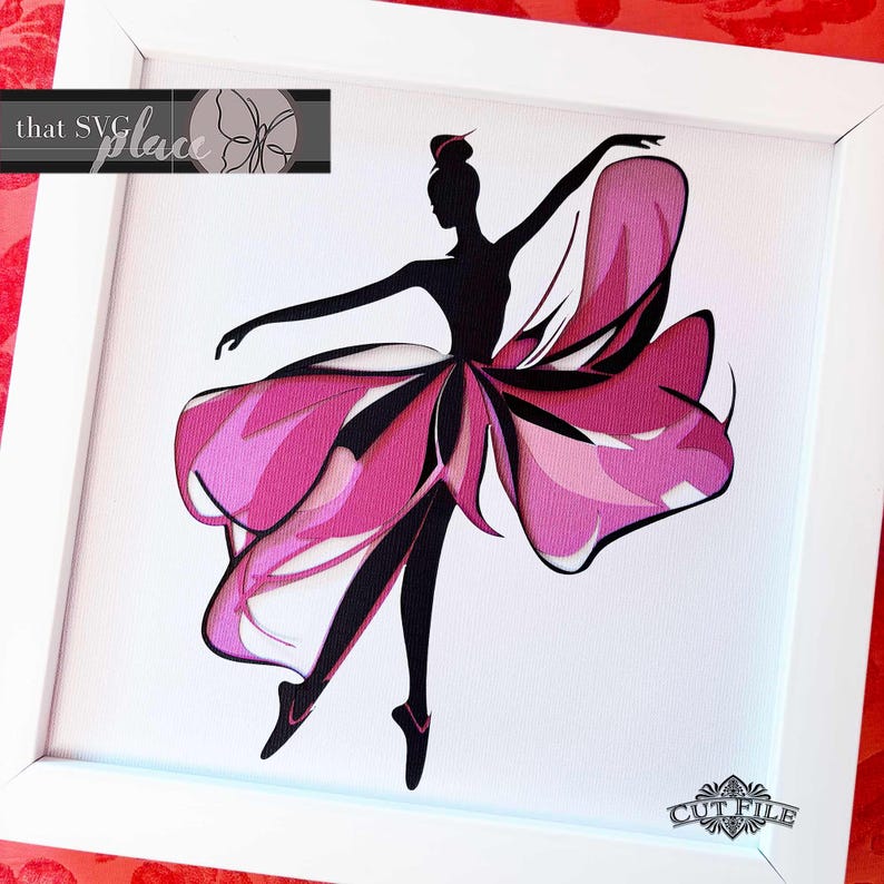 May include: A black silhouette of a ballerina with a pink layered tutu, dancing with her arms outstretched. The background is white.